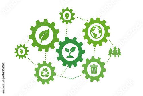 Ecology mechanism concept. Green business and sustainability development. Eco friendly industry with connected gears and icons for environment, energy, recycle, and nature.