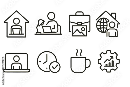 Working from home web icons in line style, freelance office portfolio, hybrid work remote jobs, online productivity tools, time management, coffee break, business success concept