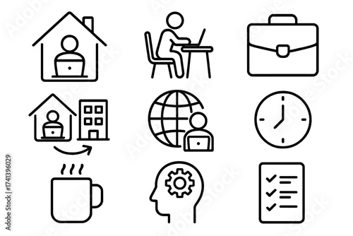 Working from home web icons in line style, freelance office portfolio, hybrid and remote work, online productivity, time management, coffee break, workflow efficiency, vector collection