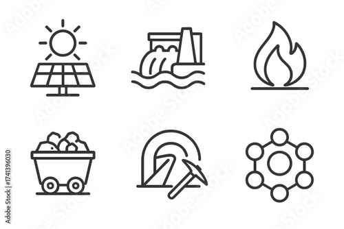 Energy types line icon set. Vector illustrations of solar panel, hydroelectric dam, fire, coal cart, mining, and atomic power. Renewable and fossil fuel concepts collection.