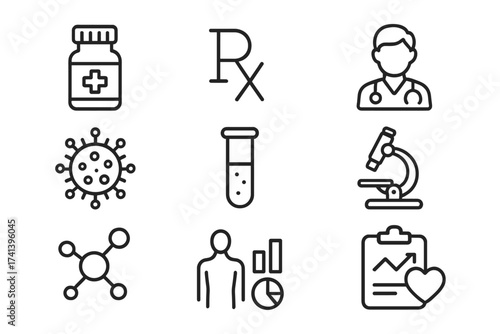 Set of medical specialties line icons. Medicine, prescription, doctor, virus, laboratory research, testing, scientific discovery, human health infographic, vector illustration