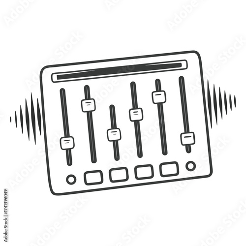 Audio Mixer Panel: Detailed illustration of an audio mixer, complete with sliders and wave.