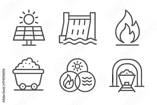 Energy sources line icon set. Power generation symbols. Solar panel, hydroelectric dam, fire, coal mine. Renewable and fossil fuel resource. Vector pictogram collection.