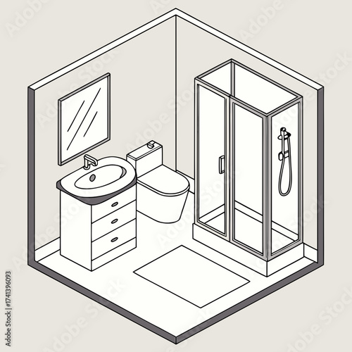 Isometric bathroom design with shower, toilet, sink, and mirror