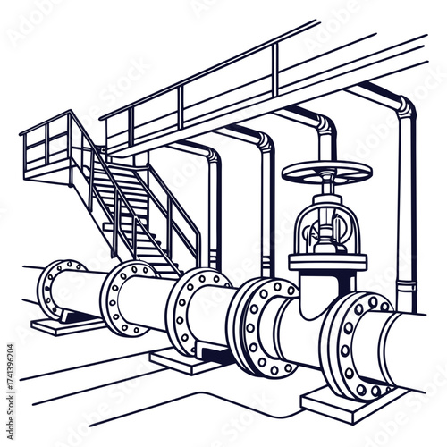 Illustration of industrial pipes and staircase