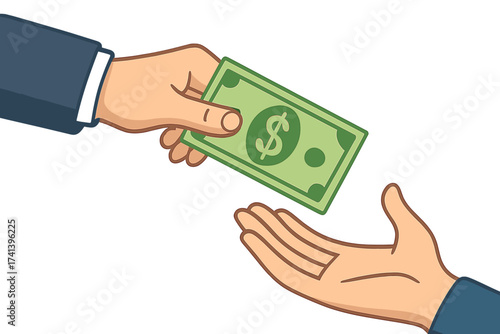 Human hand giving money, dollar cash to another person. Business concept for payment, salary, loan, or investment. Financial transaction, currency exchange, bribe, or funding.