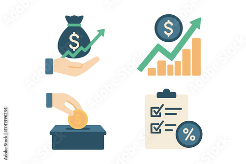 Financial growth and investment strategy icon set. Concepts for income increase, high return on investment, fundraising, revenue growth, interest rate, loan, budget, and profit.
