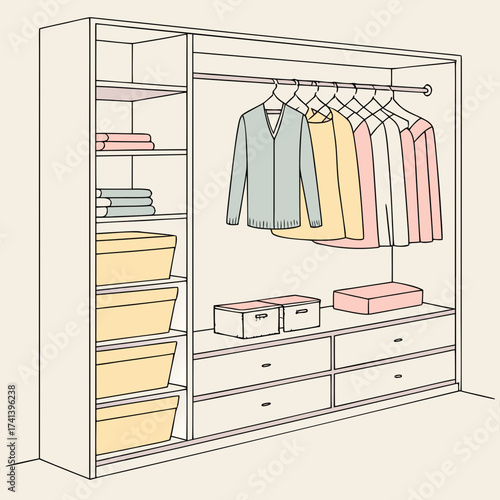 Illustration of an open wardrobe with shelves, drawers, and hanging clothes
