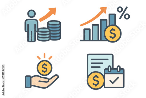 Financial icon set. Income increase strategy, high return on investment ROI, fund raising, revenue growth chart. Interest rate, loan installment, credit money, budget balance.