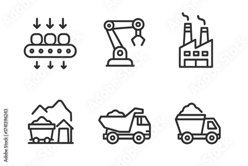 Industry line icon set. Manufacturing, factory, and mining symbols. Vector collection of robotic arm, automation, conveyor belt, mass production, mine cart, dump truck transport.
