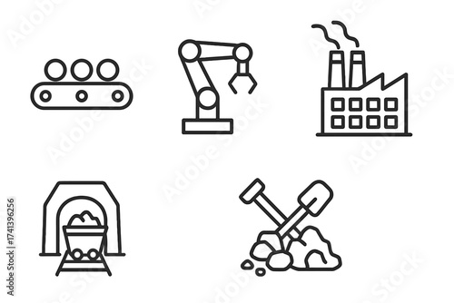 Industry line icon set. Mass production, factory, robotic arm, mine and conveyor belt icons. Vector collection for web design. Manufacturing, engineering and automation concept.