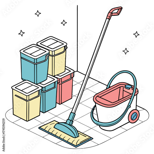 Illustration of cleaning supplies and equipment