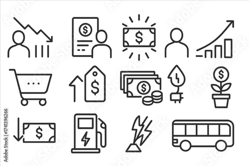 Inflation and economic crisis line icon set. Vector concepts for finance, recession, price increase, unemployment, money depreciation, investment, and energy costs.
