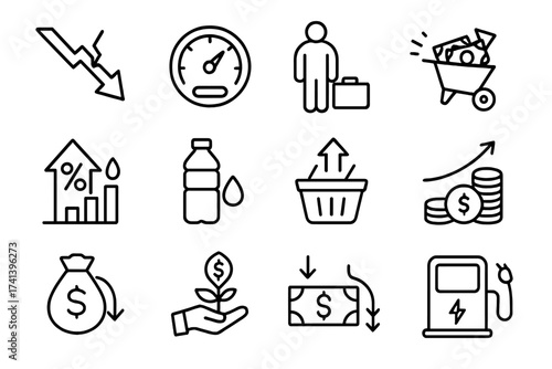 Inflation and economic crisis line icon set. Vector symbols of recession, unemployment, hyperinflation, rising prices, money depreciation, and investment concepts.
