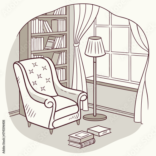 Comfortable reading nook with armchair, bookcase, lamp, and window