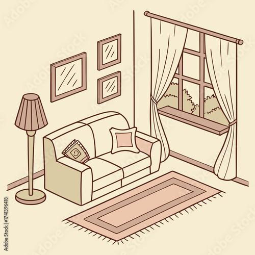 Comfortable living room interior with sofa, lamp, window, and rug indoors