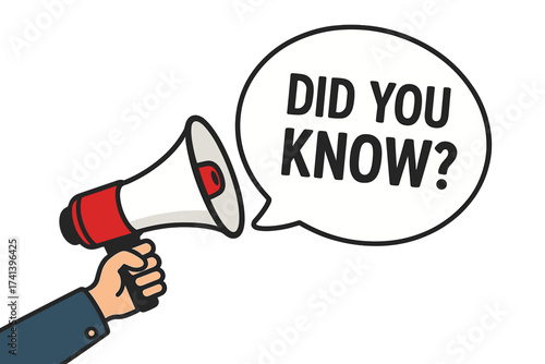 Hand holding megaphone with Did You Know speech bubble. Loudspeaker for announcement, marketing, and advertising. Fun facts, trivia, and question concept vector illustration.