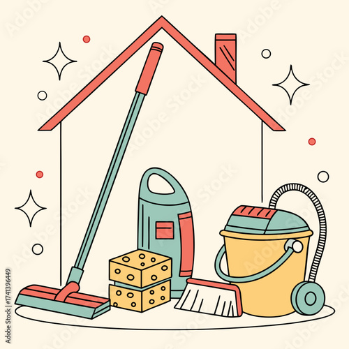 Cleaning supplies and house illustration representing cleanliness and hygiene