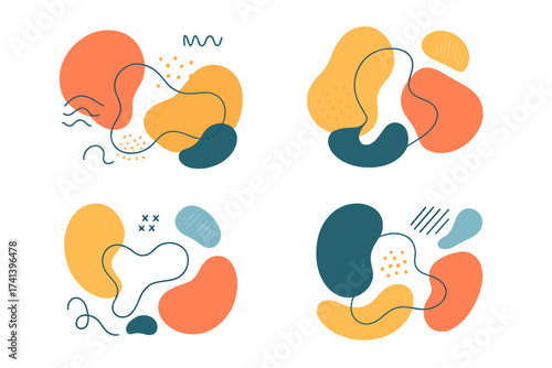 Set of abstract organic shapes and hand drawn lines. Modern minimal vector blobs for poster, banner or cover design. Creative contemporary doodle illustration background.