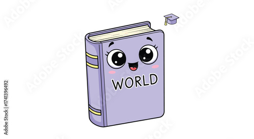 A cute anthropomorphic book with a graduation cap flying off its head.