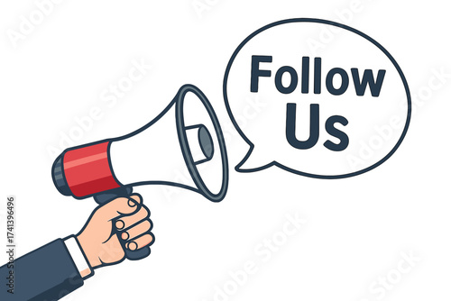 Follow us social media. Male hand holding megaphone. Loudspeaker announcement. Speech bubble. Business marketing advertising banner. Promotion alert. Join us concept. Vector.
