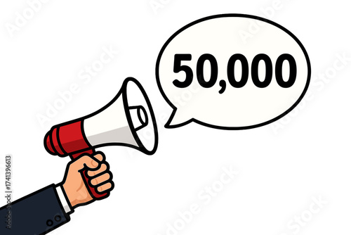 Male hand holding megaphone with 50,000 speech bubble. Loudspeaker for business, marketing, advertising. Social media follower or subscriber celebration concept vector.