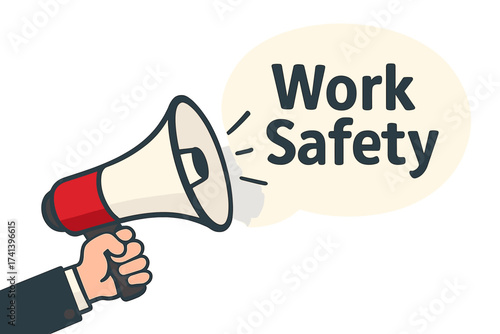Male hand holding megaphone with work safety speech bubble. Loudspeaker announcing health and safety rules. OHS and protection in the workplace. Vector banner illustration.