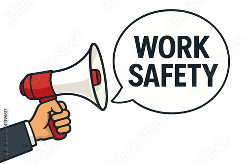 Work safety announcement. Hand holding a megaphone with speech bubble. Important message about occupational health, safety regulations, and compliance. Alert banner vector.