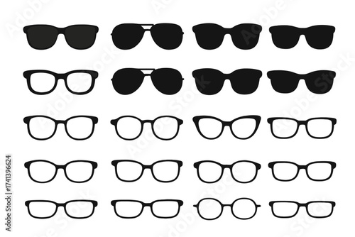 Glasses silhouette vector icon set. Big collection of sunglasses and eyeglasses frames. Fashion eyewear illustration. Different styles: retro, classic, modern, cat eye, aviator.