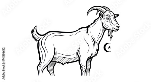 Detailed Line Art Illustration of a Standing Goat with Horns and Beard.