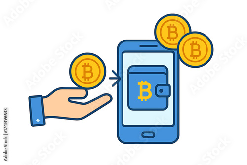 Bitcoin transaction concept. Buying cryptocurrency with mobile phone wallet. Digital money payment. Blockchain technology finance. Crypto currency exchange vector illustration.