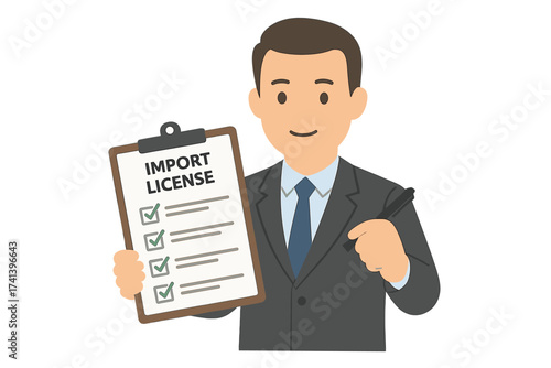 Man holds import license clipboard with checklist. Business vector concept for global trade, customs clearance, freight inspection, and supply chain management. Approved document.