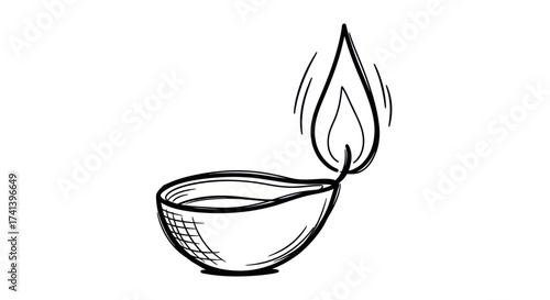 Hand-drawn Sketch of a Lit Oil Lamp with Flame.