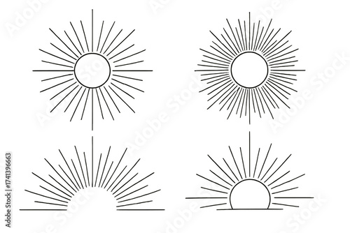 Sunburst and sunrise line art set. Minimalist sun icons with rays. Vintage boho style graphic elements for logo design, tattoo or decoration. Vector linear drawing collection.