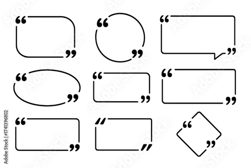 Quote box frame vector set. Quotation marks speech bubble collection. Testimonial, comment, message, dialogue box line art illustration. Minimal template border design element.