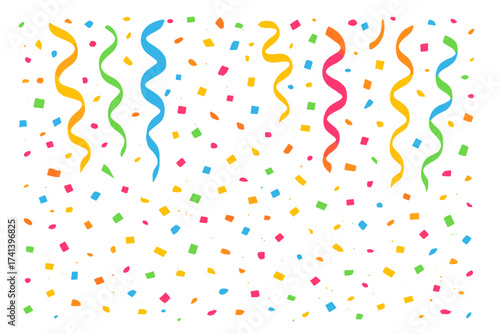 Colorful falling confetti and serpentine. Festive vector illustration for party, birthday, or holiday celebration. Bright carnival background design isolated on transparent.