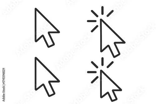 Vector computer mouse cursor icon set. Arrow pointer with click effect. UI element for web design. Press button, select and point symbols. Graphic user interface object.