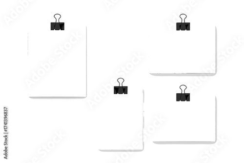 Blank paper poster mockup set hanging on black binder clips. Realistic office wall gallery for notice, flyer, or portfolio display. Vector A4 sheet template for presentation.