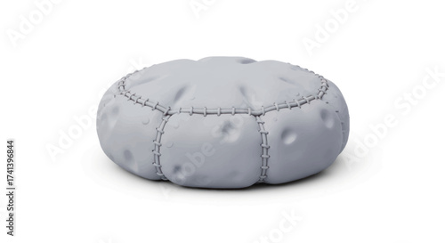 Round Gray Pouf Ottoman with Stitching Detail.