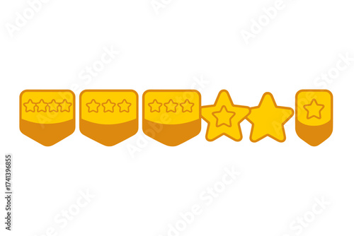 Five star rating vector icon set for customer product review. UI element for feedback, satisfaction level, and rank. Quality classification for evaluation and achievement badge.