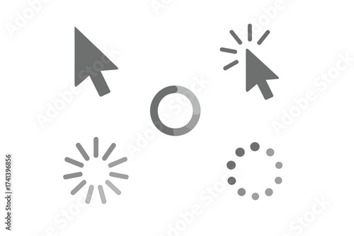 Computer mouse click cursor gray arrow icons set and various loading progress or waiting buffer icons. Pointer, click, and spinner symbols for web UI UX. Vector pack.