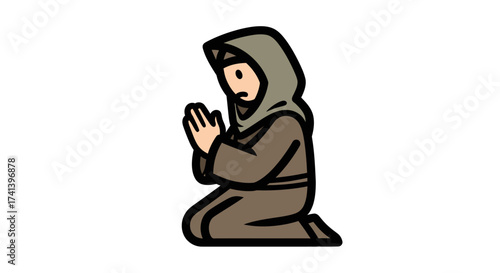 Cartoon Monk Praying with Hands Clasped in Supplication.