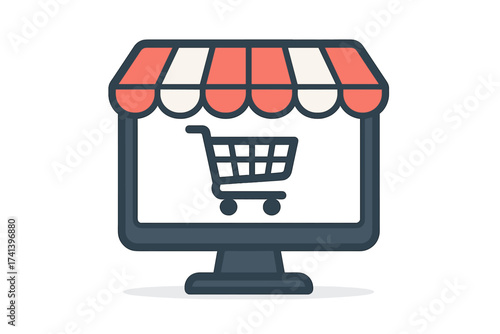 Online shopping and e-commerce concept. Computer monitor with storefront awning and shopping cart icon. Internet marketplace, webshop and digital business vector illustration.