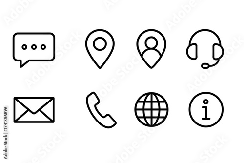 Contact us line icon set. Web and mobile communication symbols. Vector collection with chat, location, support, email, phone, website, and info icons for customer service.