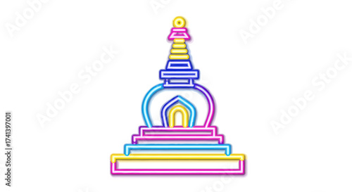 Colorful Neon Outline of a Buddhist Stupa Structure.