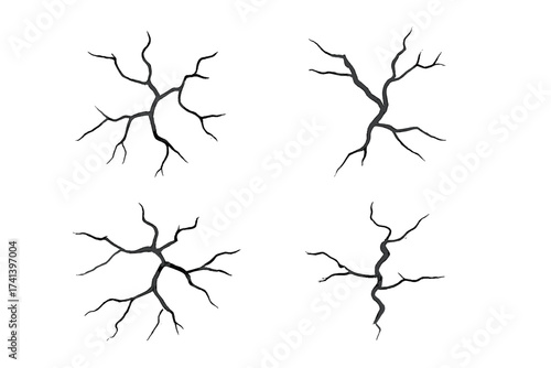 Set of realistic ground cracks. Surface split after earthquake. Damage texture for wall or terrain. Hand drawn sketch vector illustration on a transparent background effect.
