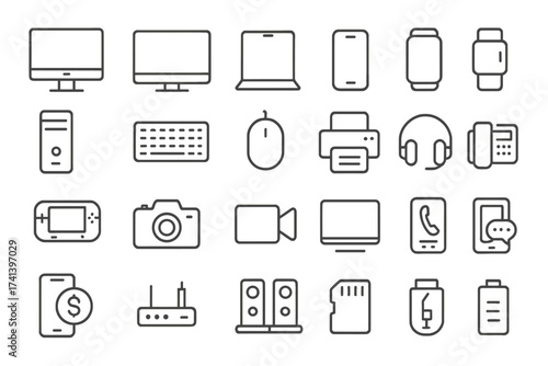 Electronics icon set. Line art web icons for technology and communication. Vector device, phone, laptop, computer, smartphone symbols for ecommerce. Gadget collection.