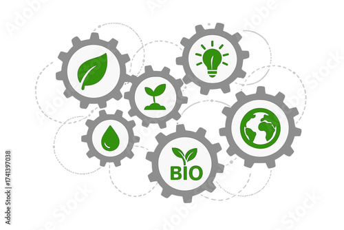 Ecology concept vector infographic with gears. Eco friendly technology for green energy and environment. Sustainable development with bio, recycle and global cooperation icons.