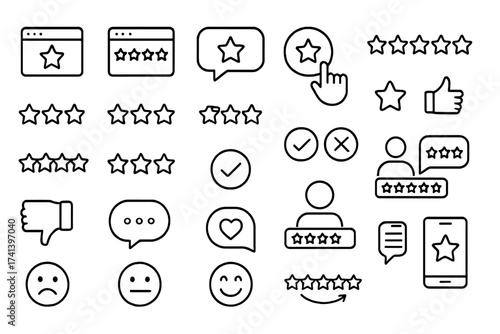 Feedback and review line icon set. Star rating, customer satisfaction survey, and quality control symbols. Vector pack for user experience testimonial, web and mobile app UI.