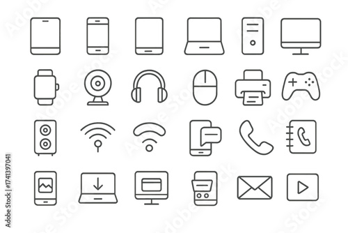 Electronics icon set in thin line style. Collection of technology and web symbols. Device, phone, laptop, communication, smartphone, ecommerce, internet vector illustrations.